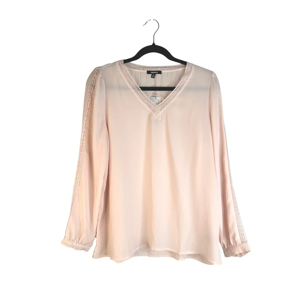 Premise Blush Pink Crochet Lace Trim Long Sleeve Chiffon Boho Top Size Medium